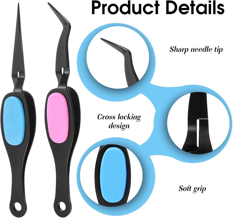 Jeffdad 2 Pcs Reverse Tweezers, Precision Craft Tweezers Crossing Lock Tweezers Fine Tip Grip Reverse Curved Bent Straight Tweezers for Crafting, Jewelry, Laboratory Work (Black, Blue, Pink) - Image 3